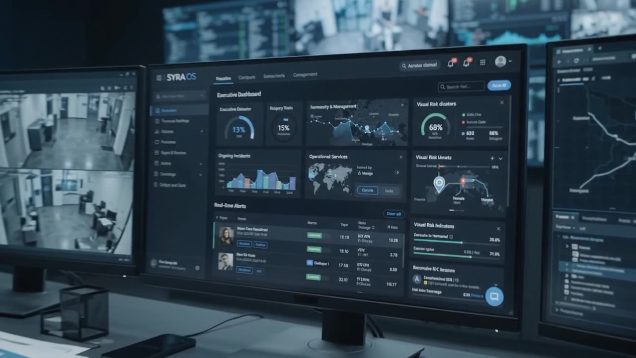 Sala de control con SYRA OS en pantalla: cuadros de mando, indicadores y cámaras de seguridad supervisados desde un mismo puesto.